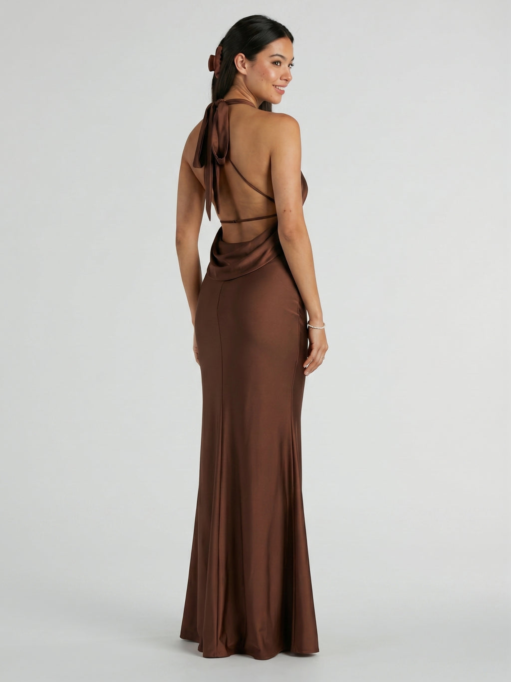 Elegant Mocha Satin mermaid V-Neck Ankle-Length Bridesmaid Dress with Minimalist Design