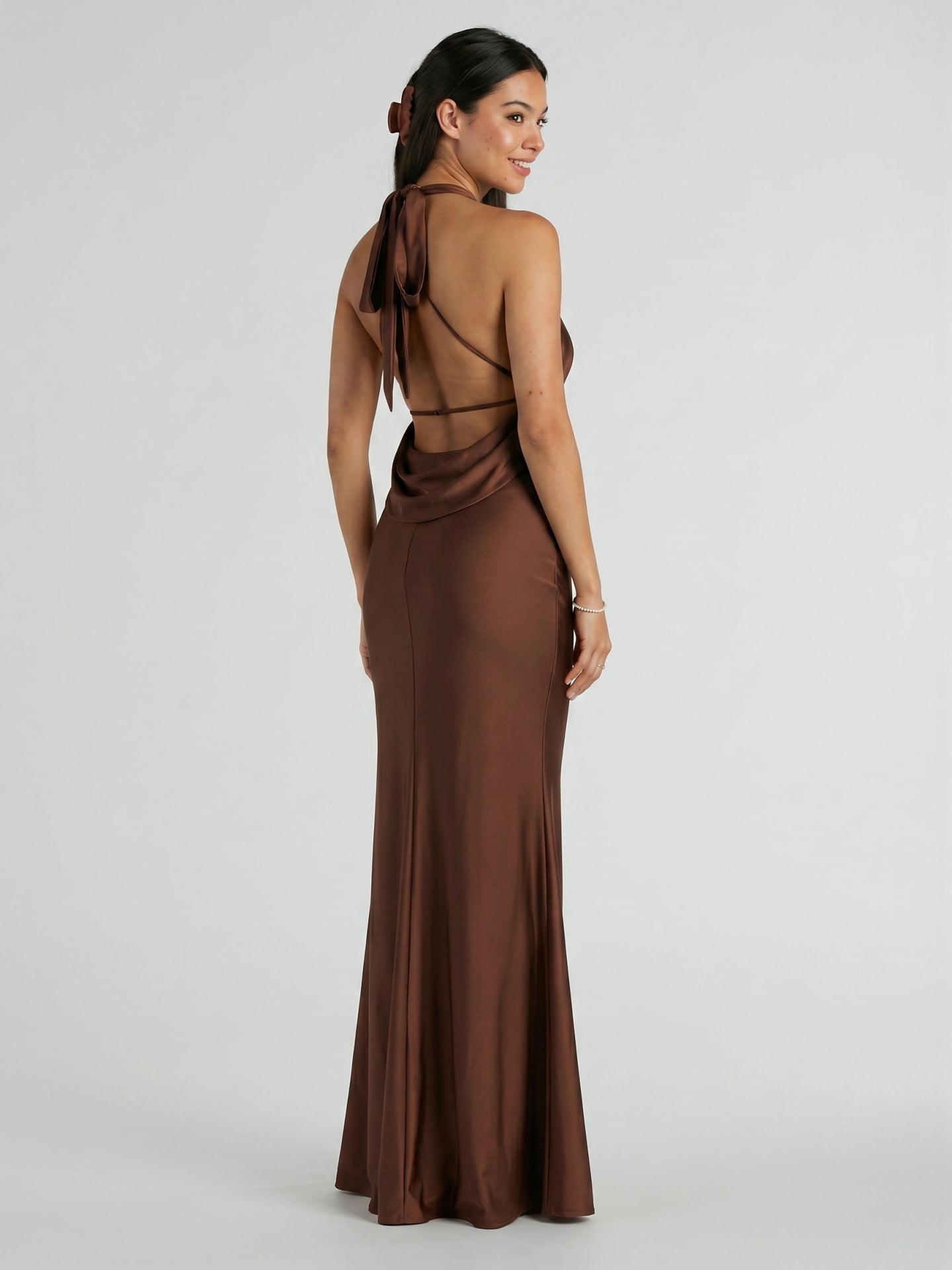 Elegant Mocha Satin mermaid V-Neck Ankle-Length Bridesmaid Dress with Minimalist Design