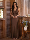 Elegant Mocha Satin mermaid V-Neck Ankle-Length Bridesmaid Dress with Minimalist Design