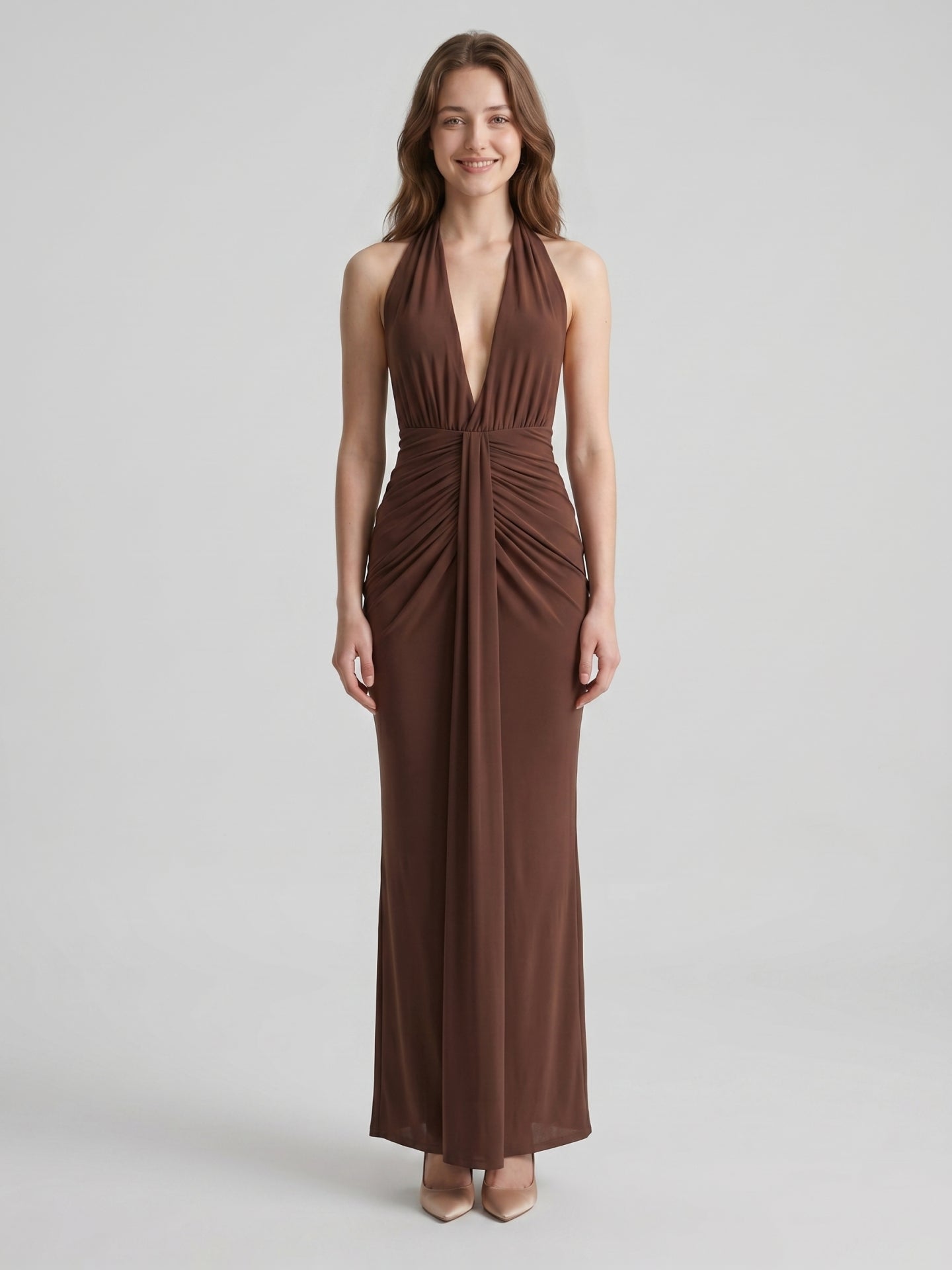 Elegant Mocha Stretch Knit Trumpet V-Neck Bow Ankle-Length Bridesmaid Dress