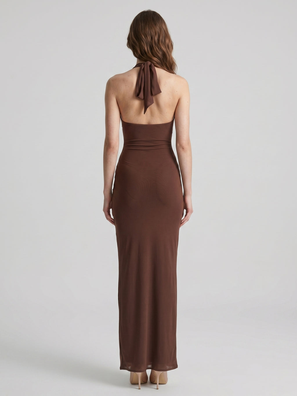 Elegant Mocha Stretch Knit Trumpet V-Neck Bow Ankle-Length Bridesmaid Dress