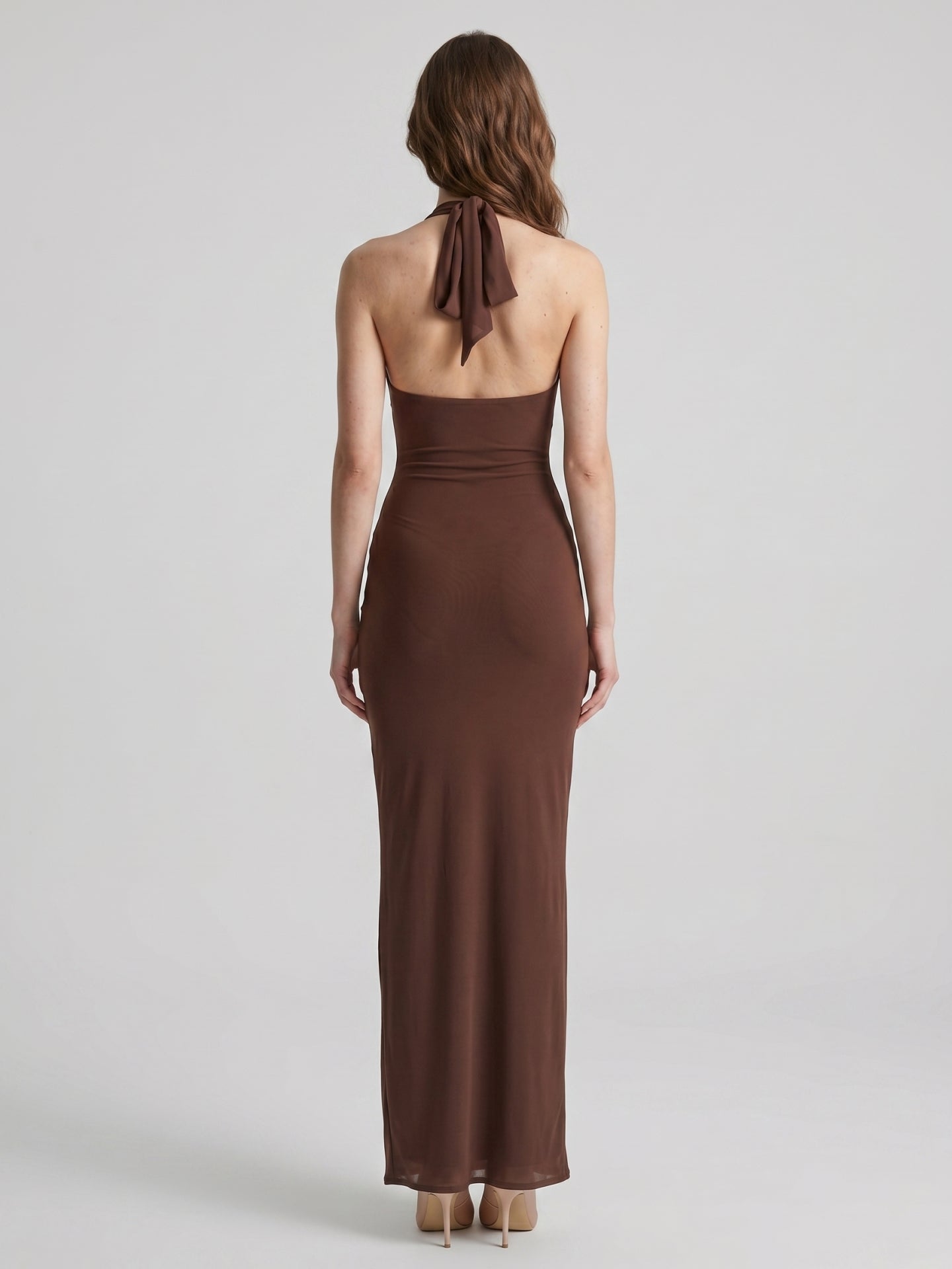 Elegant Mocha Stretch Knit Trumpet V-Neck Bow Ankle-Length Bridesmaid Dress