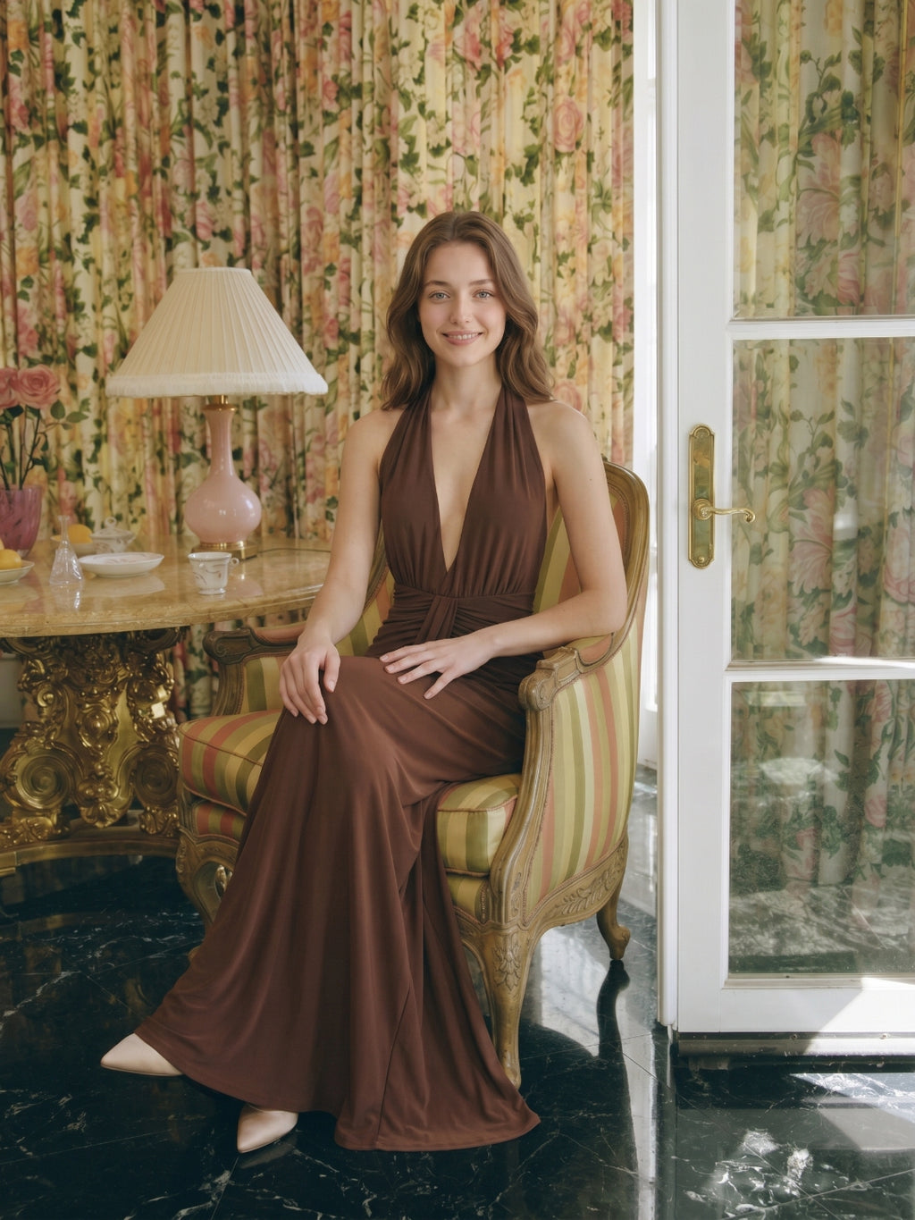 Elegant Mocha Stretch Knit Trumpet V-Neck Bow Ankle-Length Bridesmaid Dress