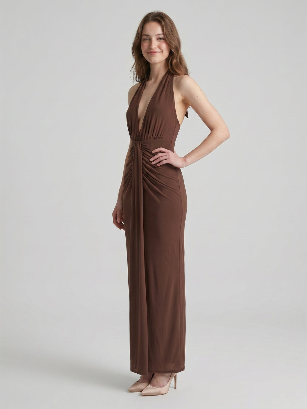 Elegant Mocha Stretch Knit Trumpet V-Neck Bow Ankle-Length Bridesmaid Dress