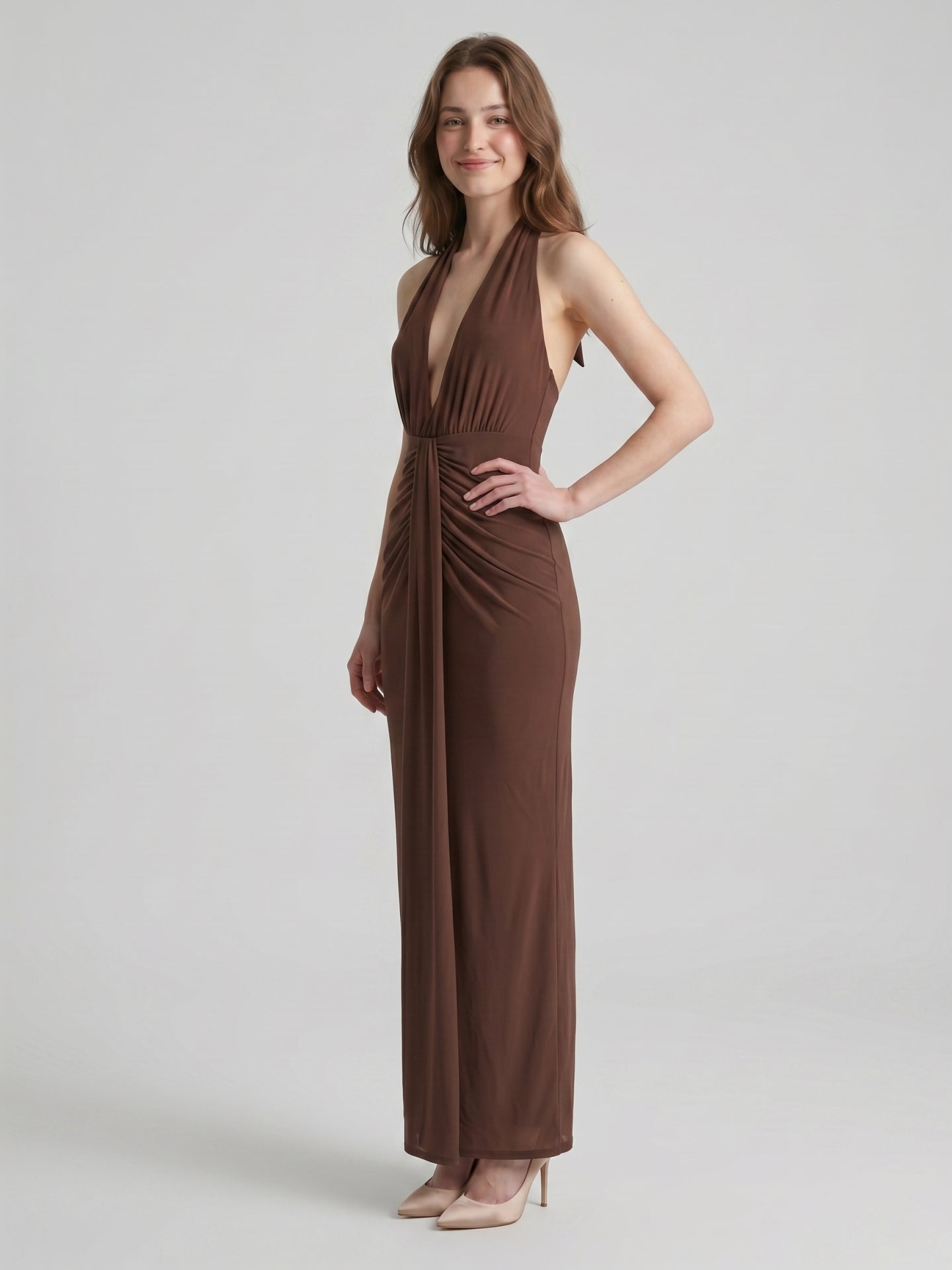 Elegant Mocha Stretch Knit Trumpet V-Neck Bow Ankle-Length Bridesmaid Dress
