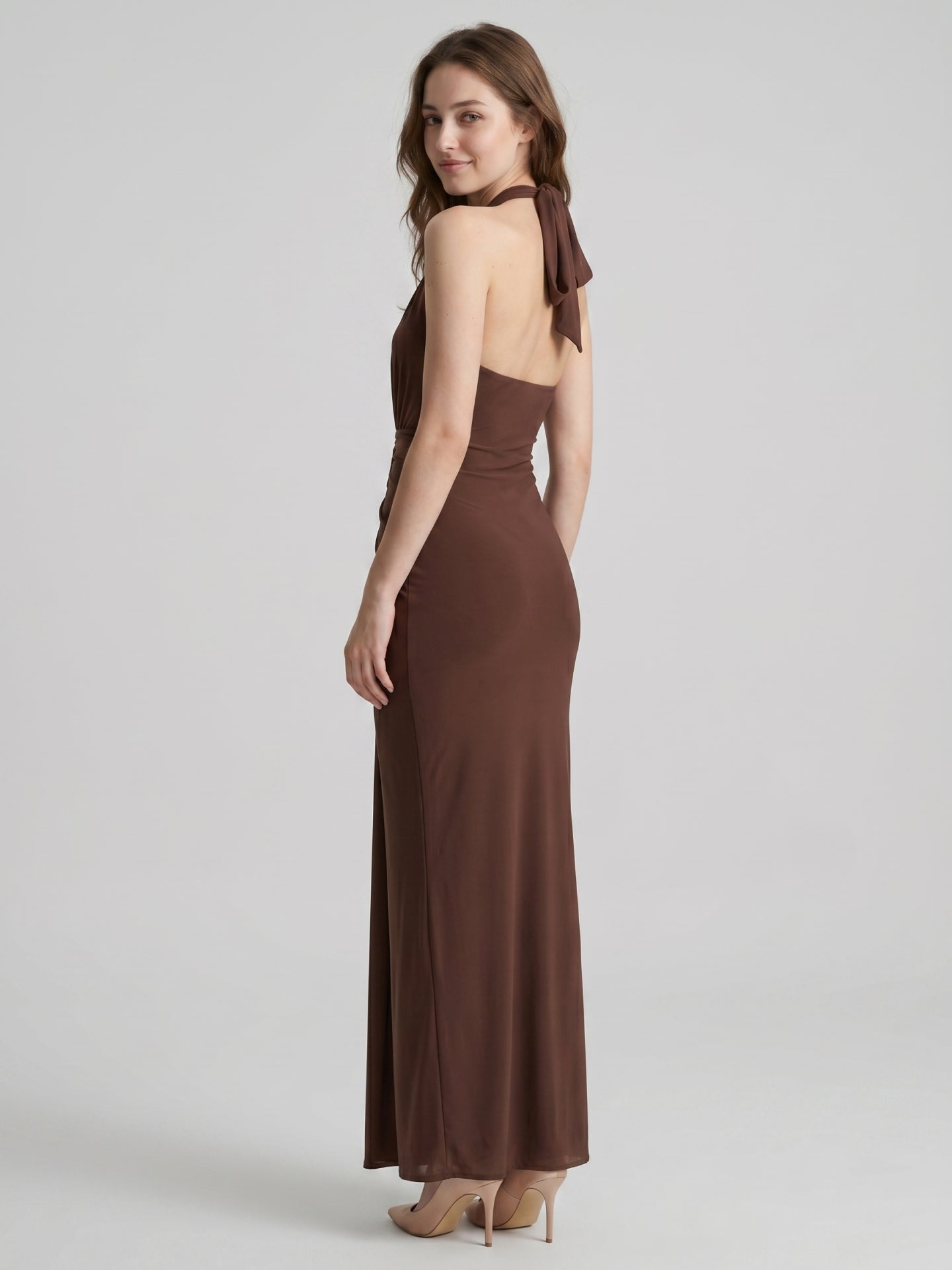 Elegant Mocha Stretch Knit Trumpet V-Neck Bow Ankle-Length Bridesmaid Dress