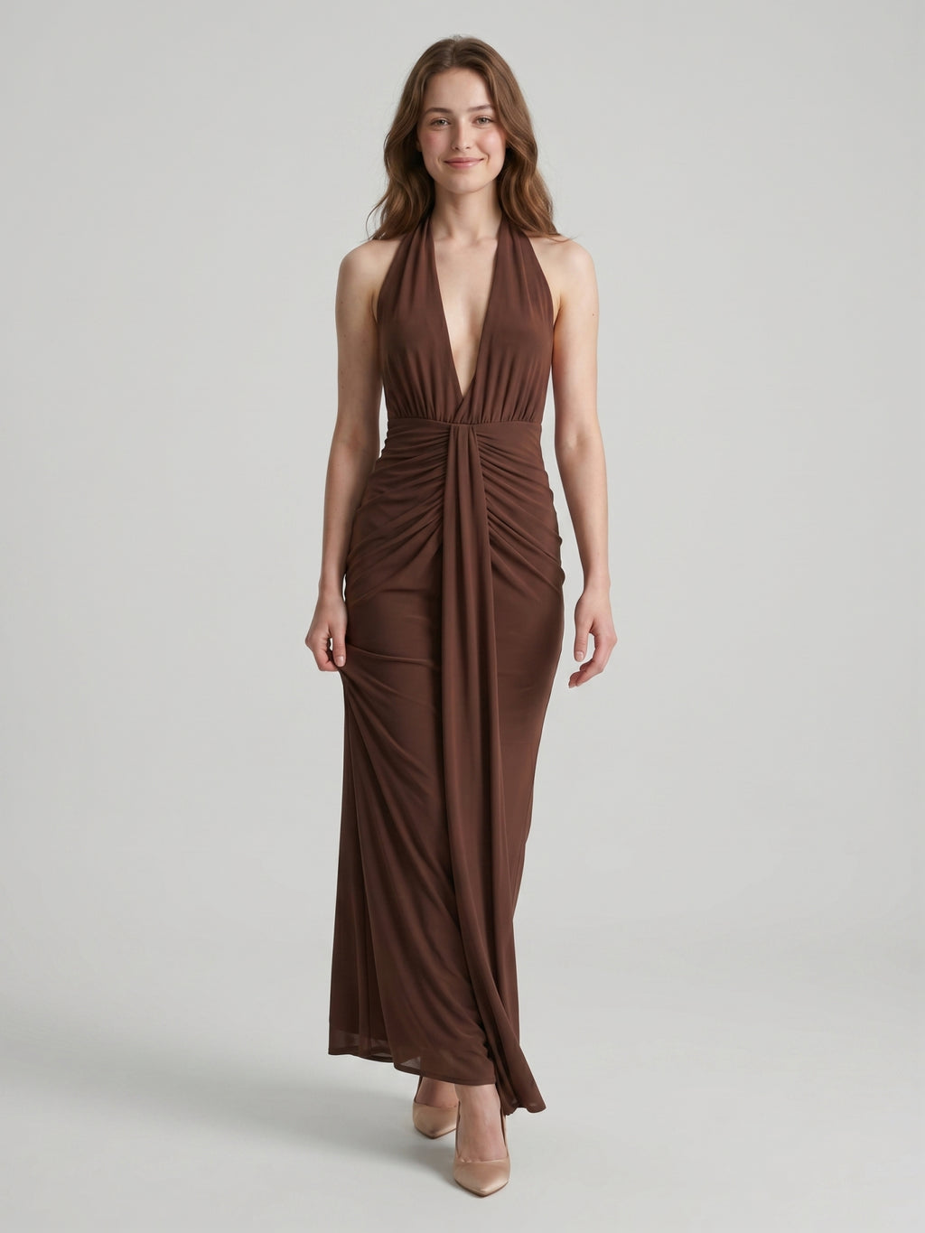 Elegant Mocha Stretch Knit Trumpet V-Neck Bow Ankle-Length Bridesmaid Dress