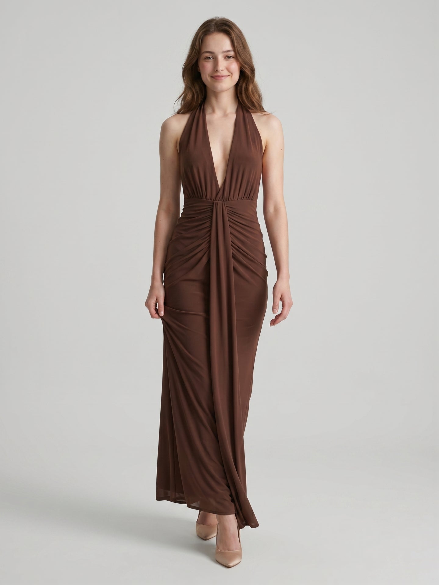 Elegant Mocha Stretch Knit Trumpet V-Neck Bow Ankle-Length Bridesmaid Dress