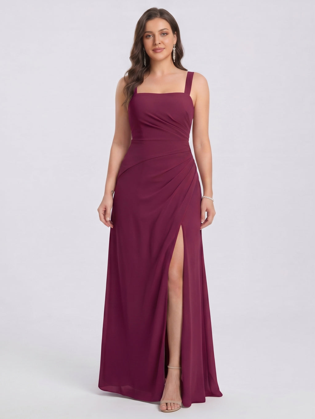 Elegant Mulberry Chiffon A-Line Square Neck Back Zip with nan Ankle-Length Bridesmaid Dress