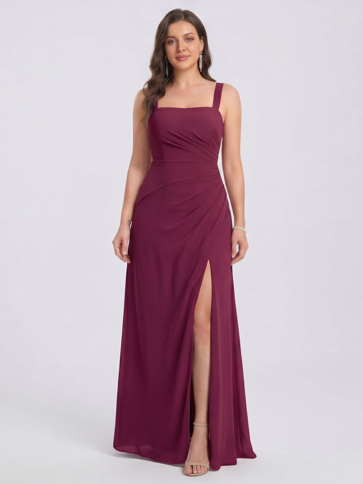 Elegant Mulberry Chiffon A-Line Square Neck Back Zip with nan Ankle-Length Bridesmaid Dress