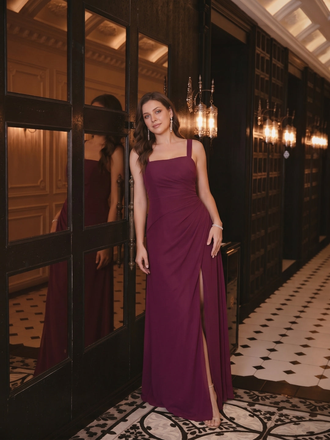 Elegant Mulberry Chiffon A-Line Square Neck Back Zip with nan Ankle-Length Bridesmaid Dress