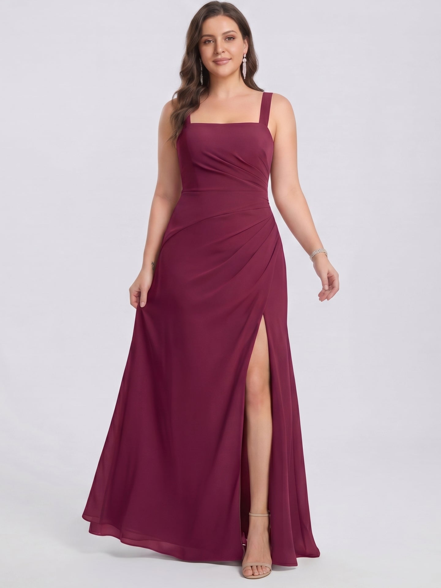 Elegant Mulberry Chiffon A-Line Square Neck Back Zip with nan Ankle-Length Bridesmaid Dress