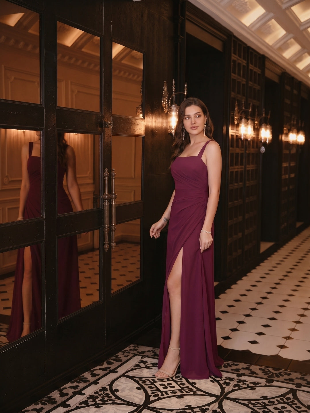 Elegant Mulberry Chiffon A-Line Square Neck Back Zip with nan Ankle-Length Bridesmaid Dress