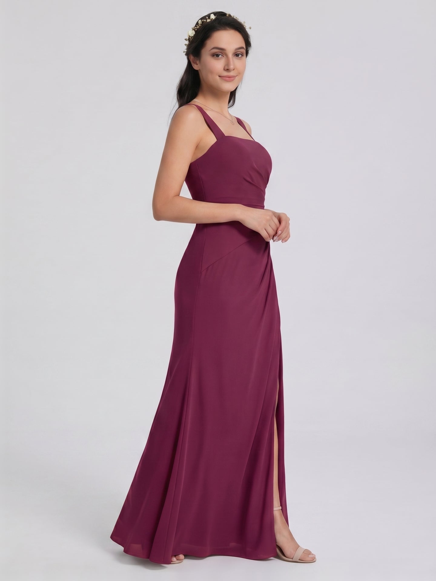 Elegant Mulberry Chiffon A-Line Square Neck Back Zip with nan Ankle-Length Bridesmaid Dress