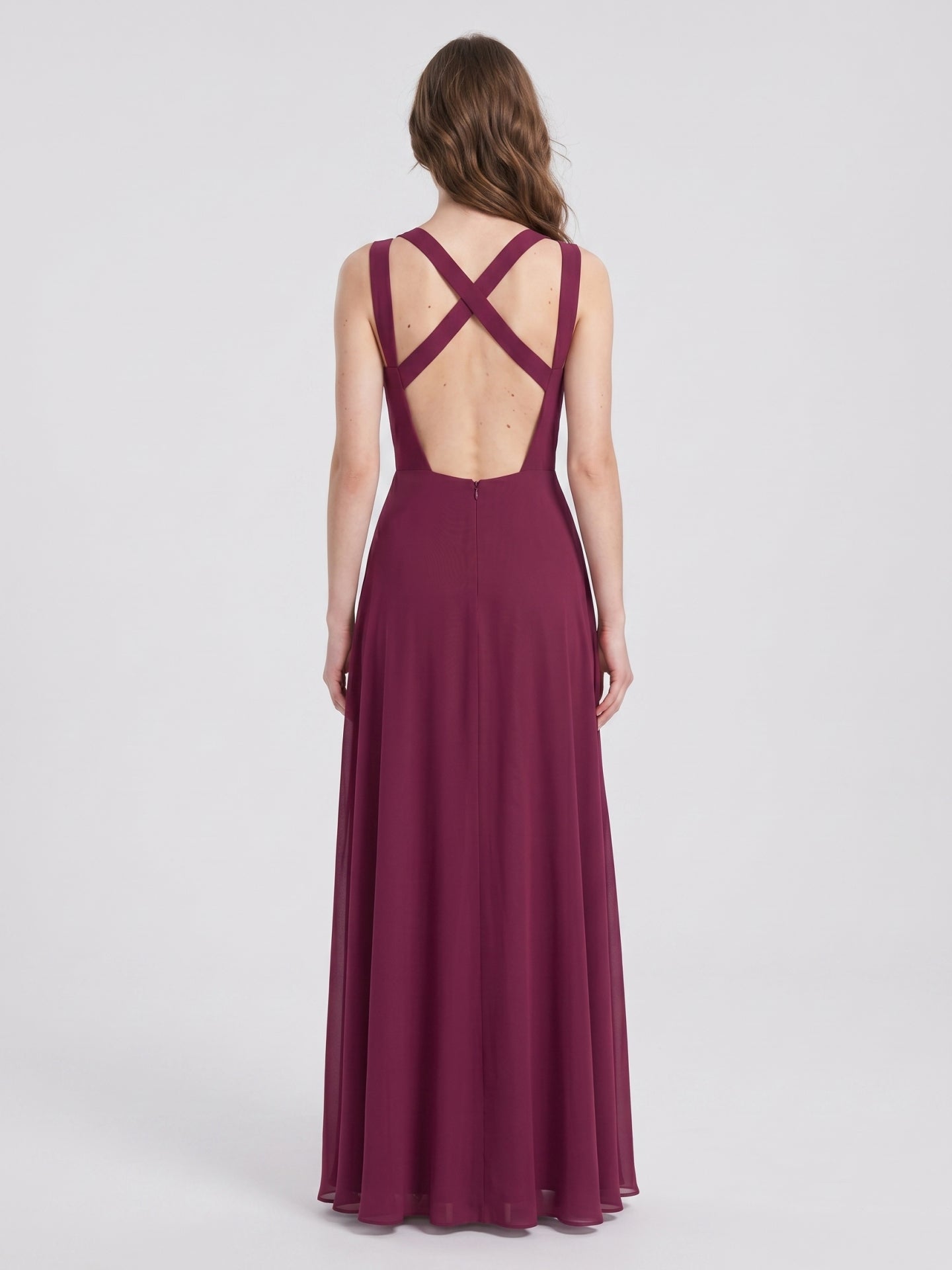 Elegant Mulberry Chiffon A-Line Square Neck Back Zip with nan Ankle-Length Bridesmaid Dress