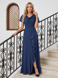 Elegant Navy Blue Chiffon A-Line Cowl Neck Back Zip Ankle-Length Bridesmaid Dress