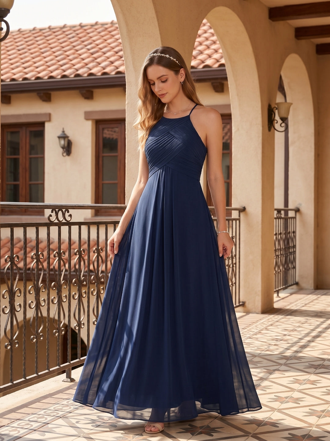 Elegant Navy Blue Chiffon A-Line Halter neckline Ankle-Length  Bridesmaid Dress