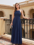 Elegant Navy Blue Chiffon A-Line Halter neckline Ankle-Length  Bridesmaid Dress