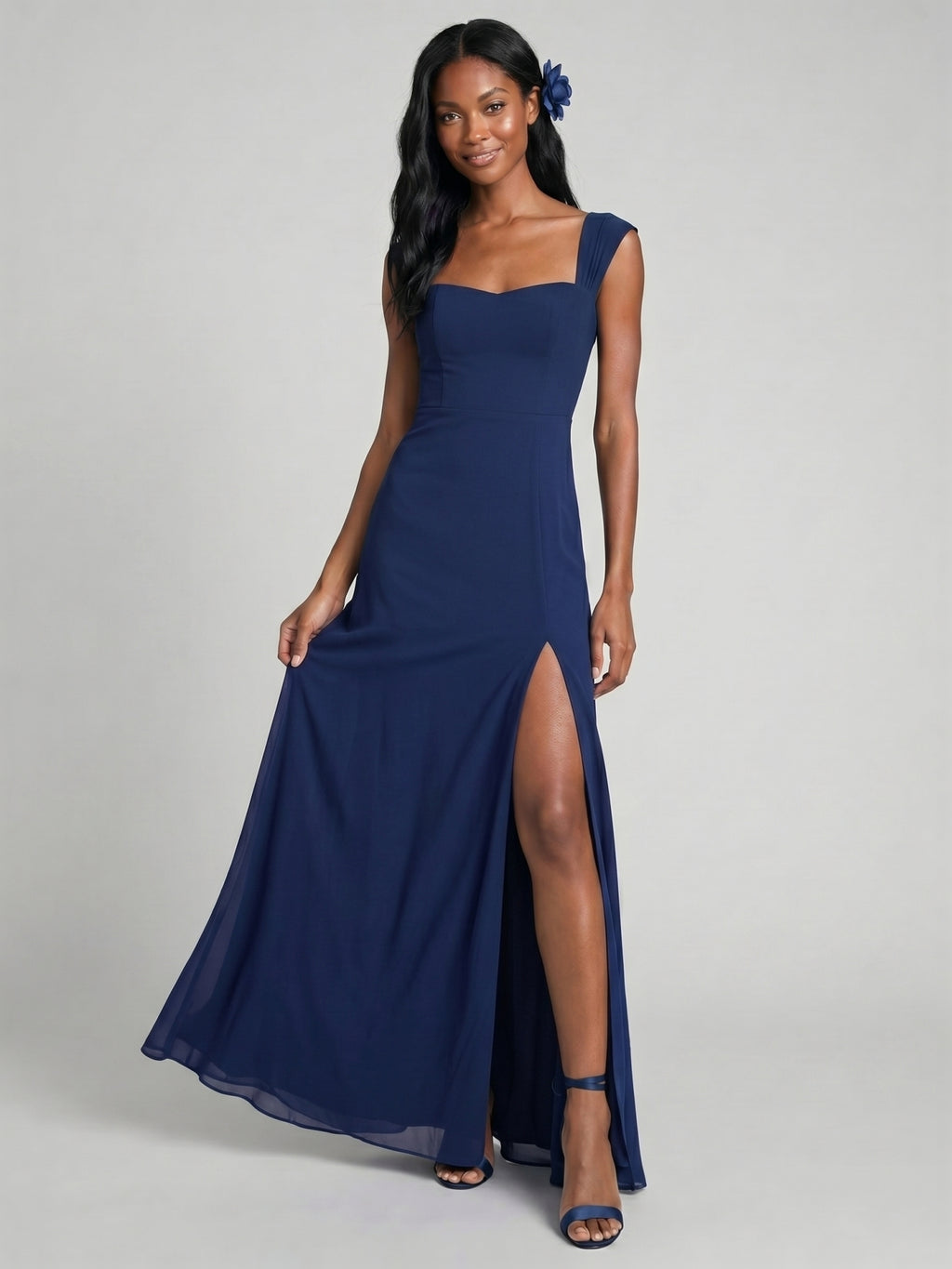 Elegant Navy Blue Chiffon A-Line Sweetheart Ankle-Length Bridesmaid Dress