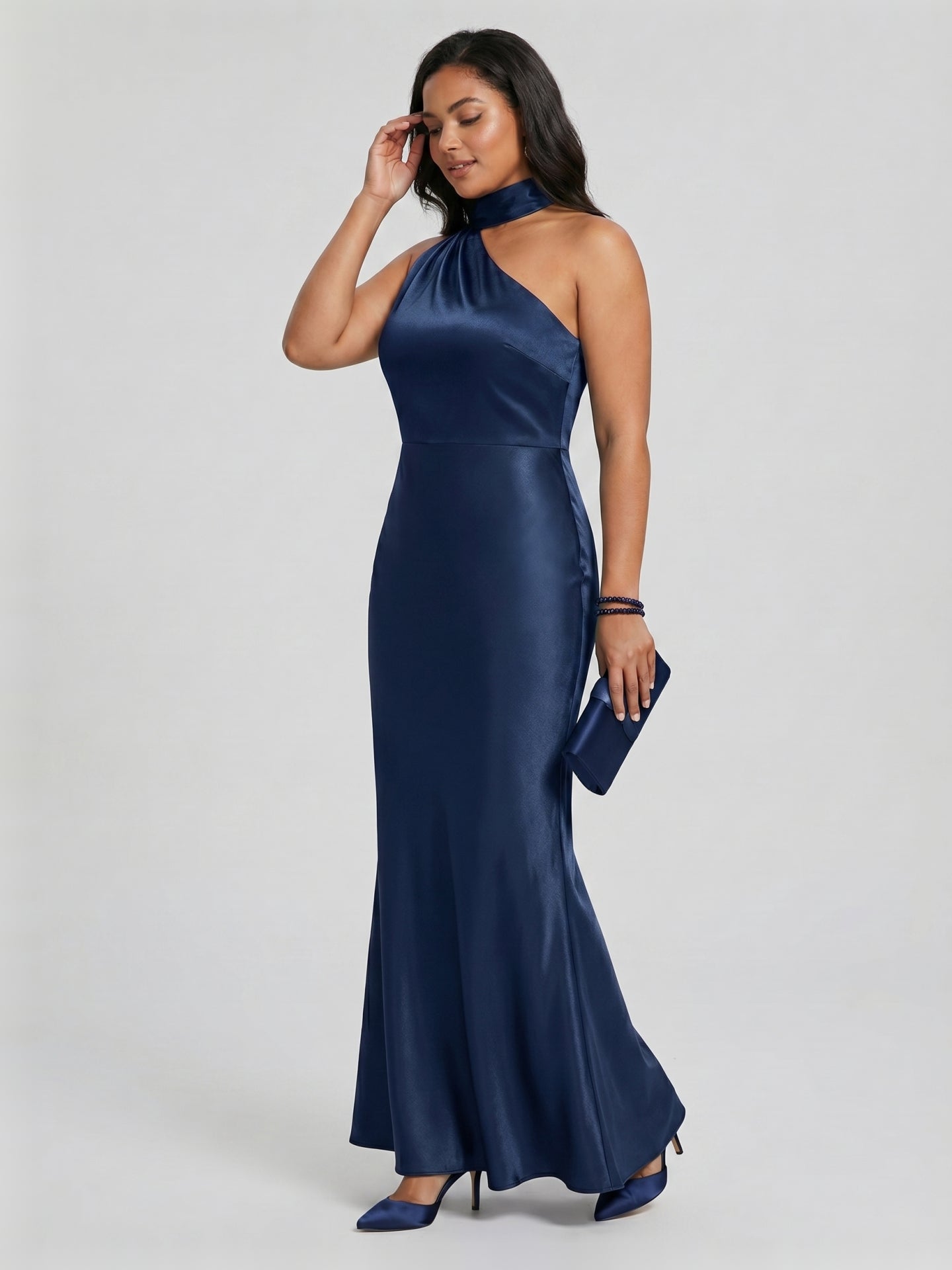 Elegant Navy Blue Satin column One Shoulder Side Zip with nan Ankle-Length Bridesmaid Dress