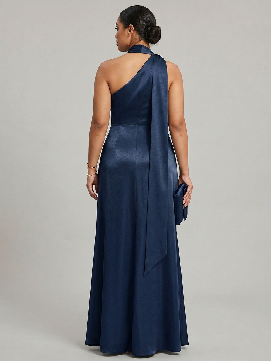 Elegant Navy Blue Satin column One Shoulder Side Zip with nan Ankle-Length Bridesmaid Dress