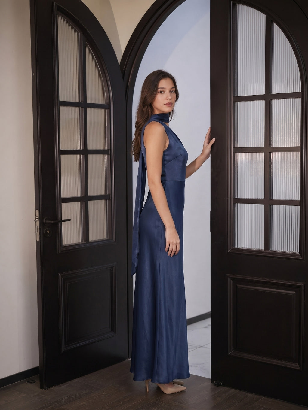 Elegant Navy Blue Satin column One Shoulder Side Zip with nan Ankle-Length Bridesmaid Dress