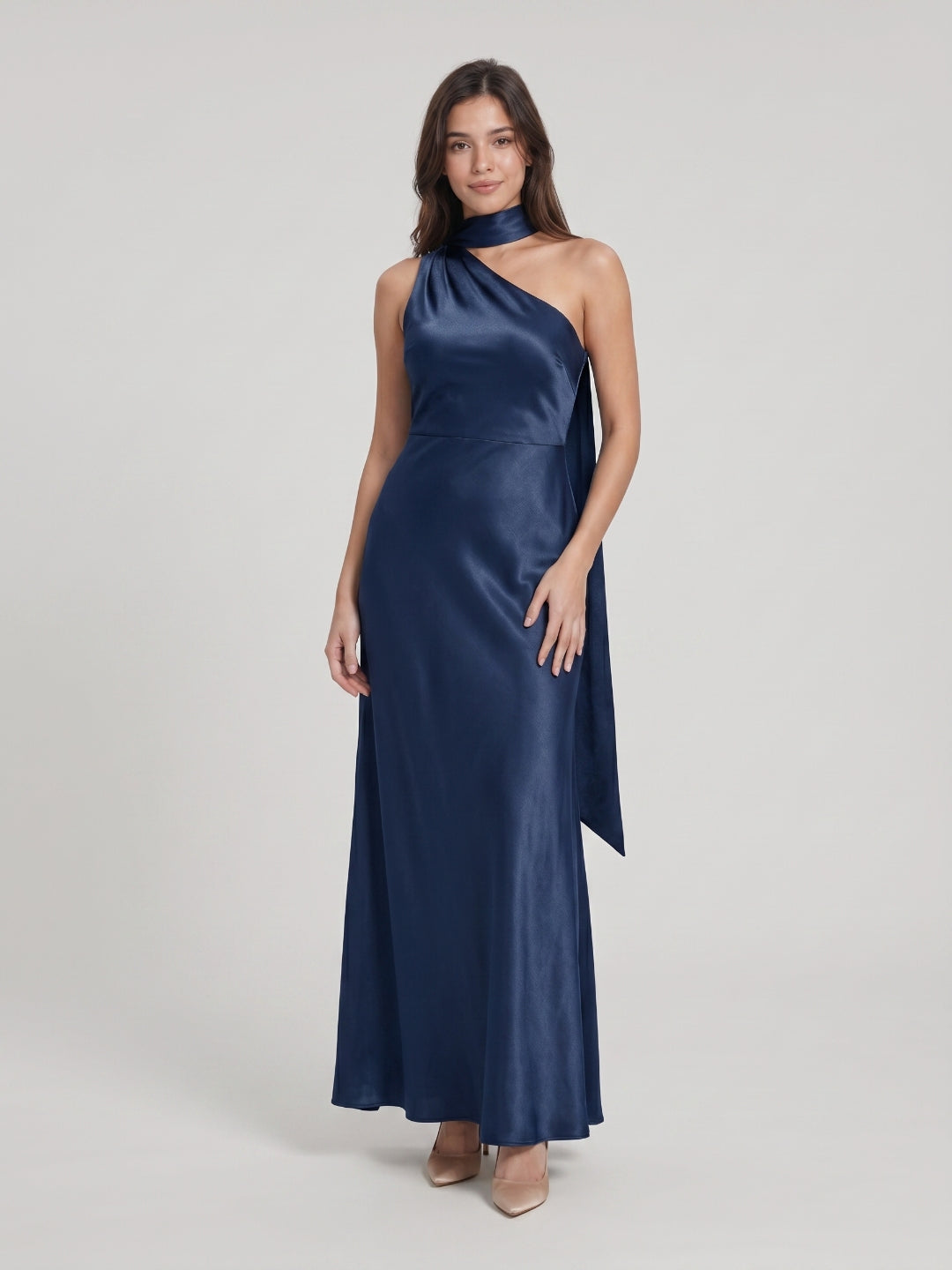 Elegant Navy Blue Satin column One Shoulder Side Zip with nan Ankle-Length Bridesmaid Dress