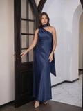 Elegant Navy Blue Satin column One Shoulder Side Zip with nan Ankle-Length Bridesmaid Dress