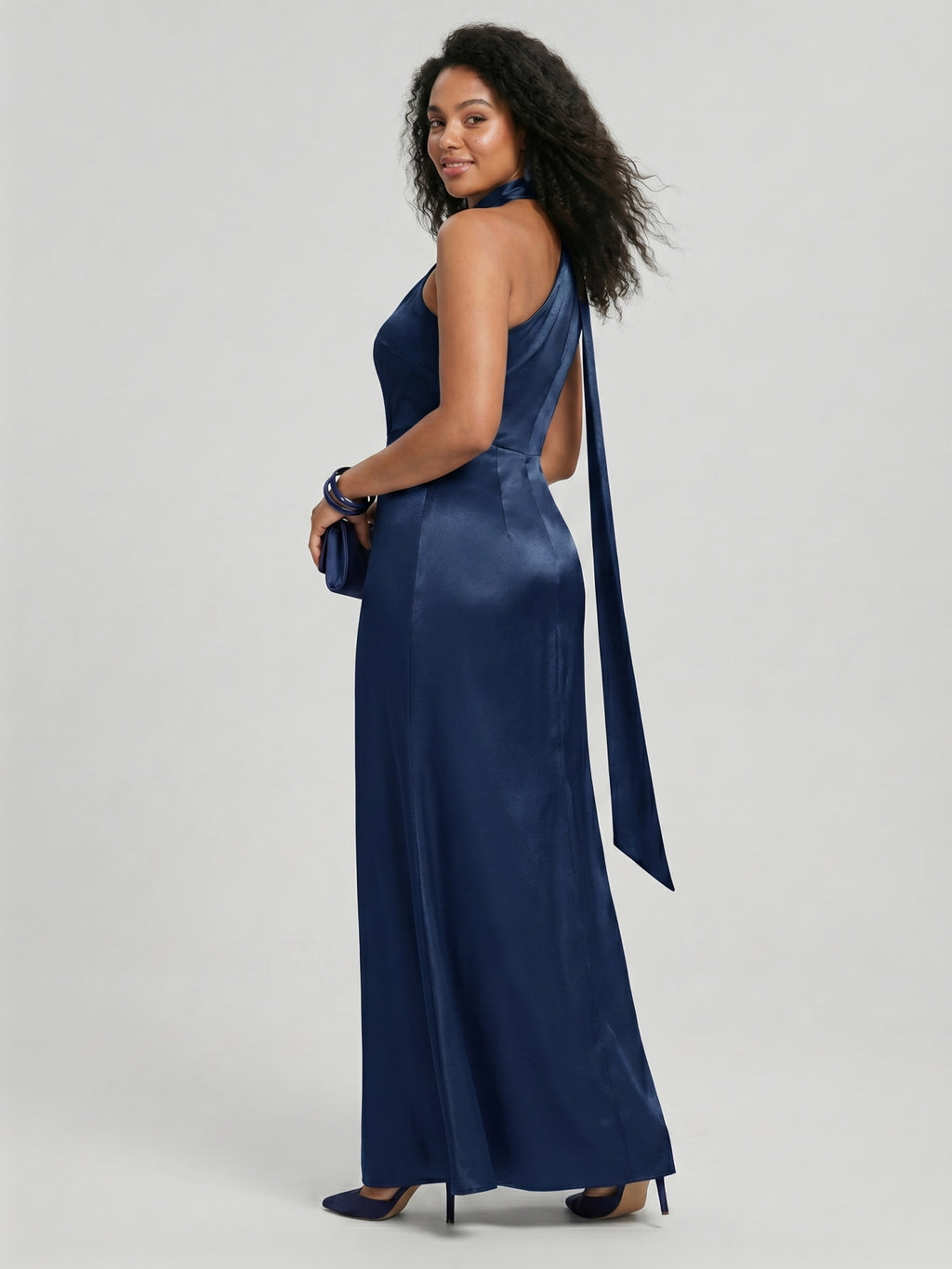 Elegant Navy Blue Satin column One Shoulder Side Zip with nan Ankle-Length Bridesmaid Dress
