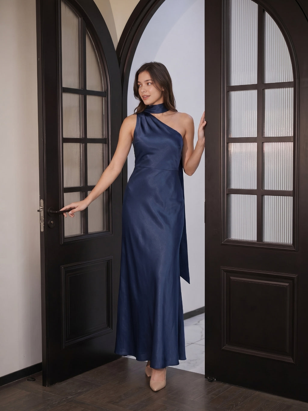 Elegant Navy Blue Satin column One Shoulder Side Zip with nan Ankle-Length Bridesmaid Dress