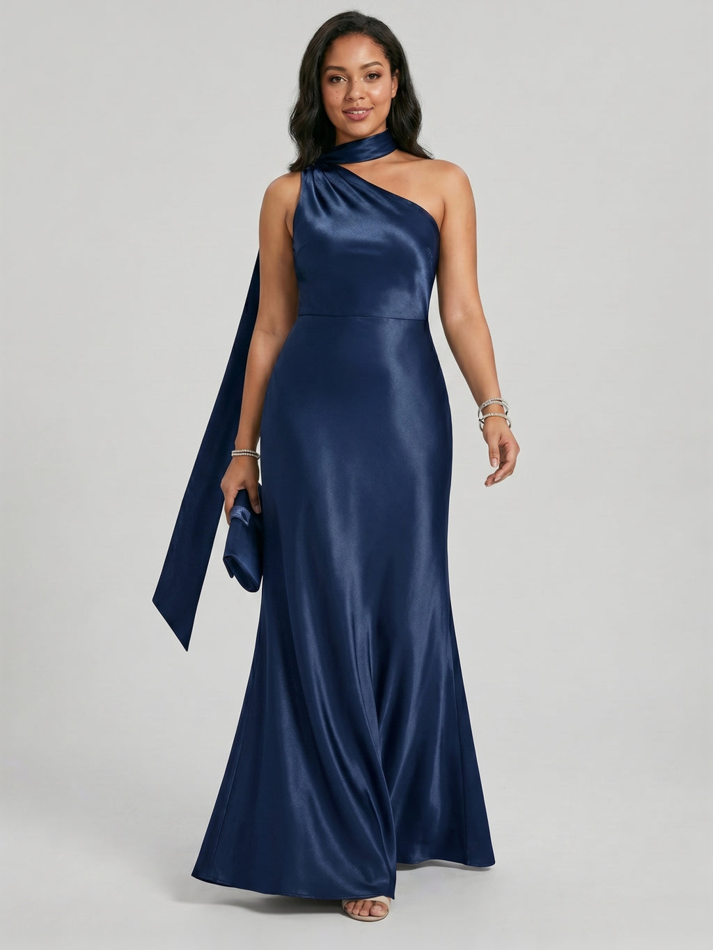 Elegant Navy Blue Satin column One Shoulder Side Zip with nan Ankle-Length Bridesmaid Dress