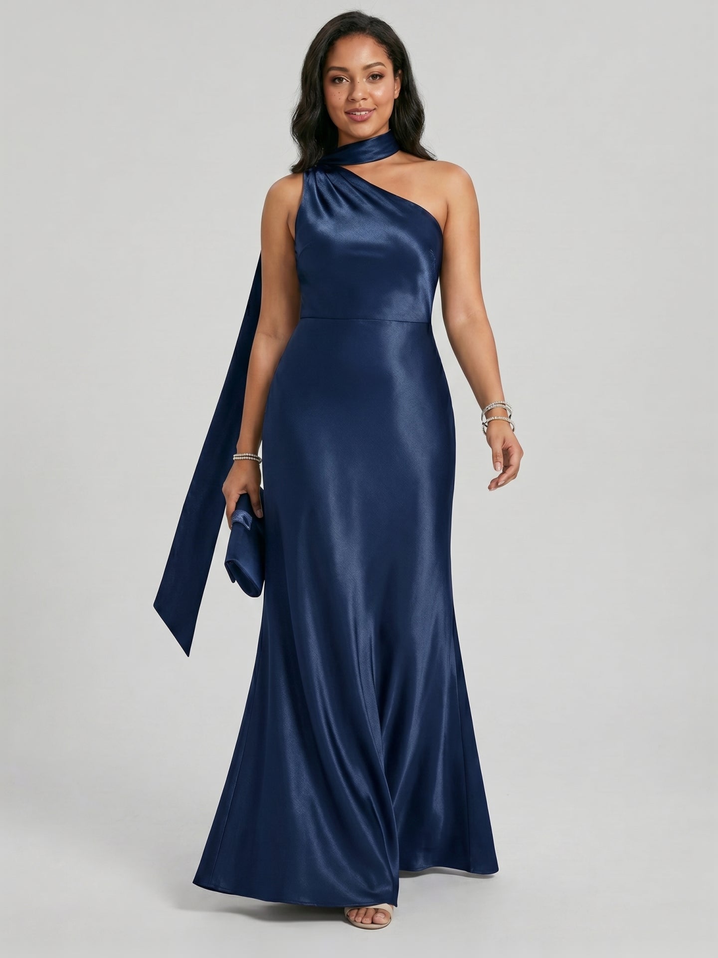 Elegant Navy Blue Satin column One Shoulder Side Zip with nan Ankle-Length Bridesmaid Dress