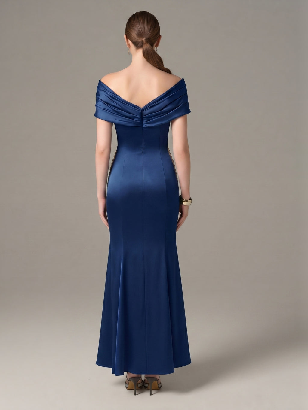 Elegant Navy Blue Satin mermaid Cowl Neck Back Zip with Pleated Ankle-Length Bridesmaid Dress