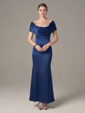 Elegant Navy Blue Satin mermaid Cowl Neck Back Zip with Pleated Ankle-Length Bridesmaid Dress