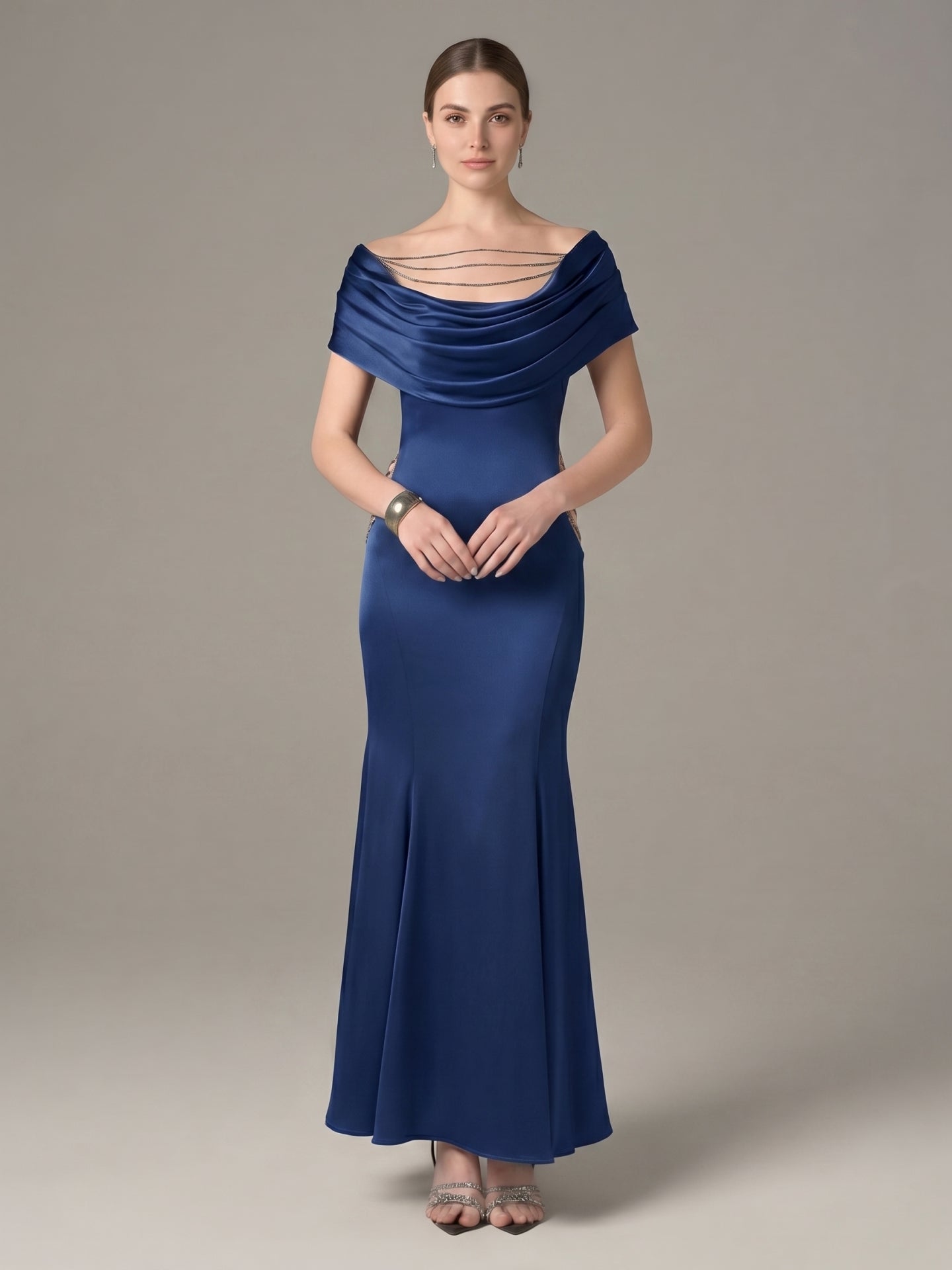 Elegant Navy Blue Satin mermaid Cowl Neck Back Zip with Pleated Ankle-Length Bridesmaid Dress