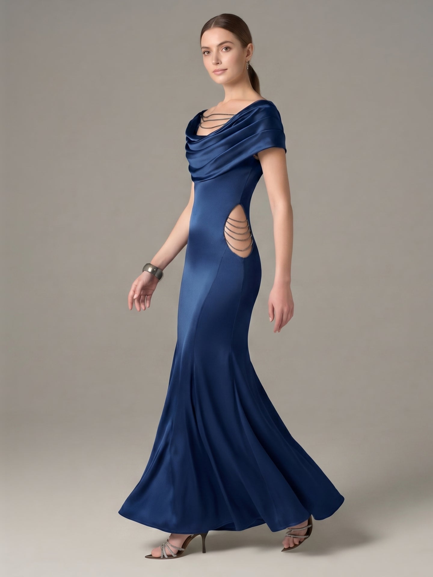 Elegant Navy Blue Satin mermaid Cowl Neck Back Zip with Pleated Ankle-Length Bridesmaid Dress
