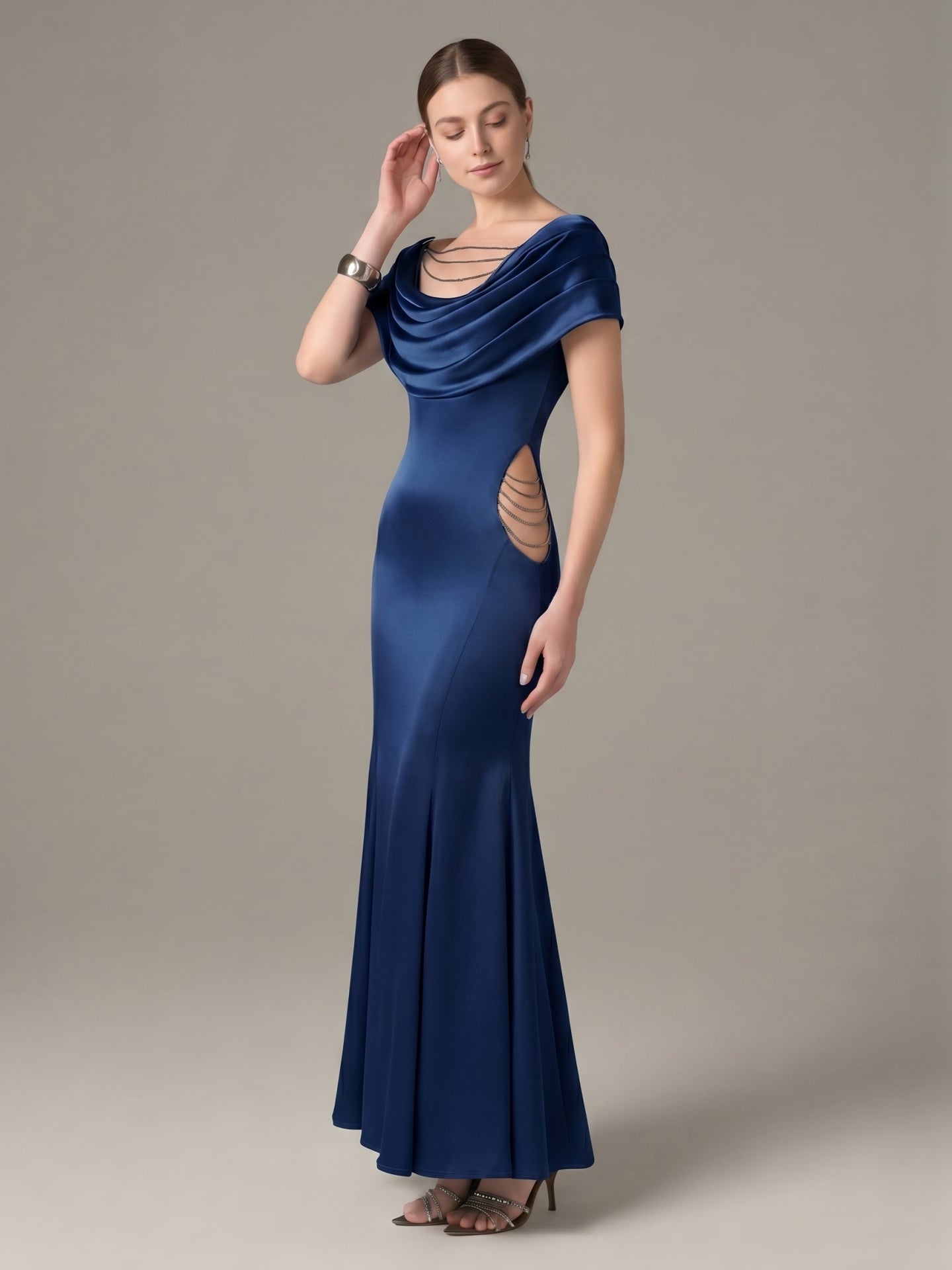 Elegant Navy Blue Satin mermaid Cowl Neck Back Zip with Pleated Ankle-Length Bridesmaid Dress