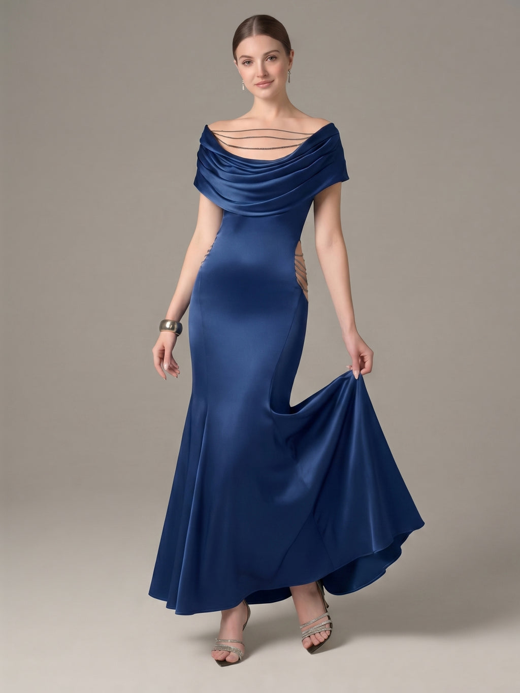 Elegant Navy Blue Satin mermaid Cowl Neck Back Zip with Pleated Ankle-Length Bridesmaid Dress