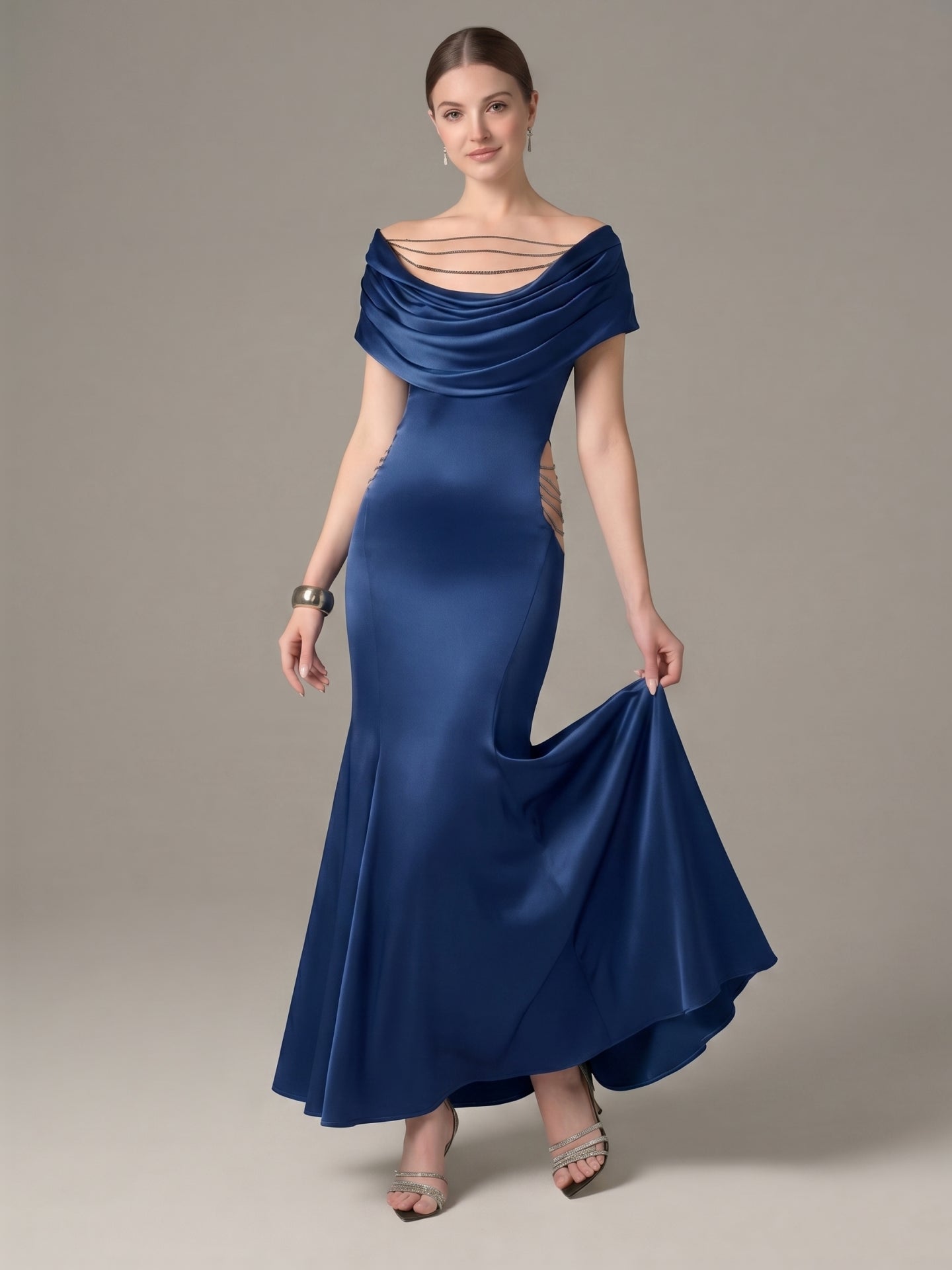 Elegant Navy Blue Satin mermaid Cowl Neck Back Zip with Pleated Ankle-Length Bridesmaid Dress