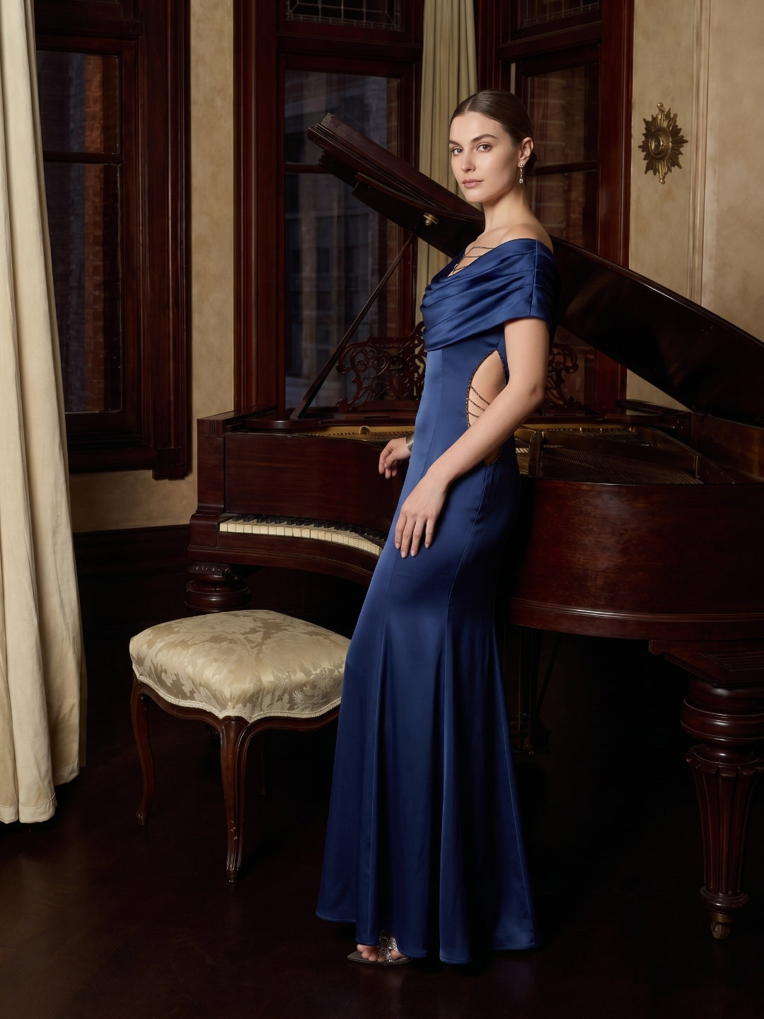 Elegant Navy Blue Satin mermaid Cowl Neck Back Zip with Pleated Ankle-Length Bridesmaid Dress