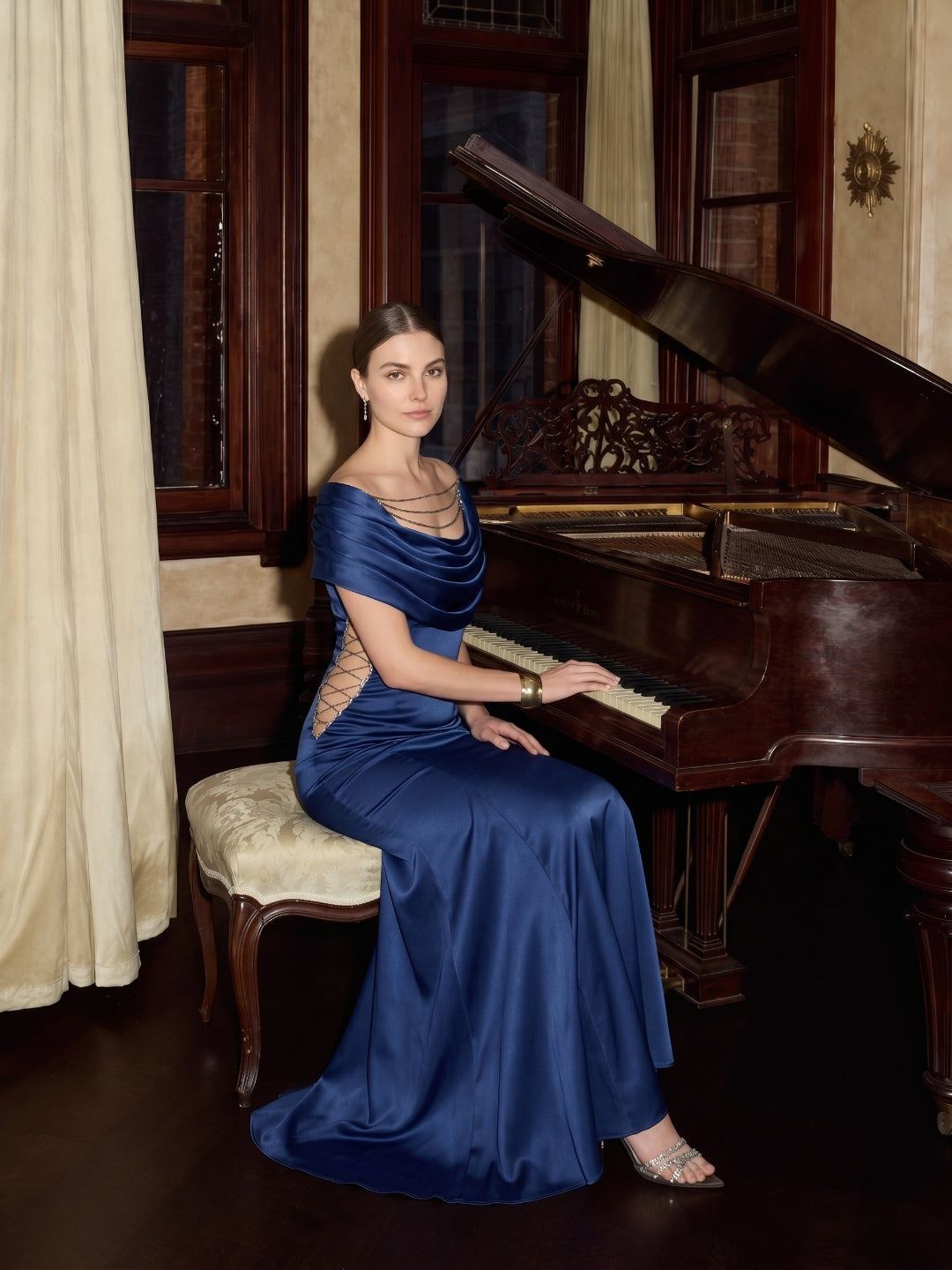 Elegant Navy Blue Satin mermaid Cowl Neck Back Zip with Pleated Ankle-Length Bridesmaid Dress