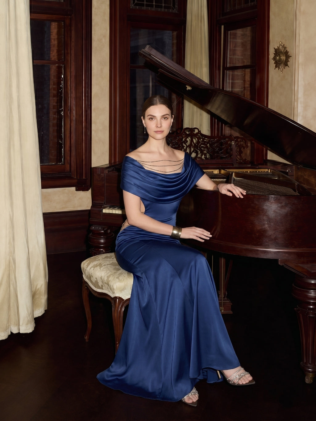 Elegant Navy Blue Satin mermaid Cowl Neck Back Zip with Pleated Ankle-Length Bridesmaid Dress