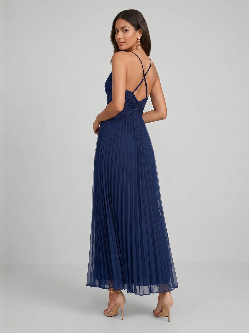 Elegant Navy Blue Tulle A-Line Sweetheart Backless Ankle-Length with Pleated Bridesmaid Dress