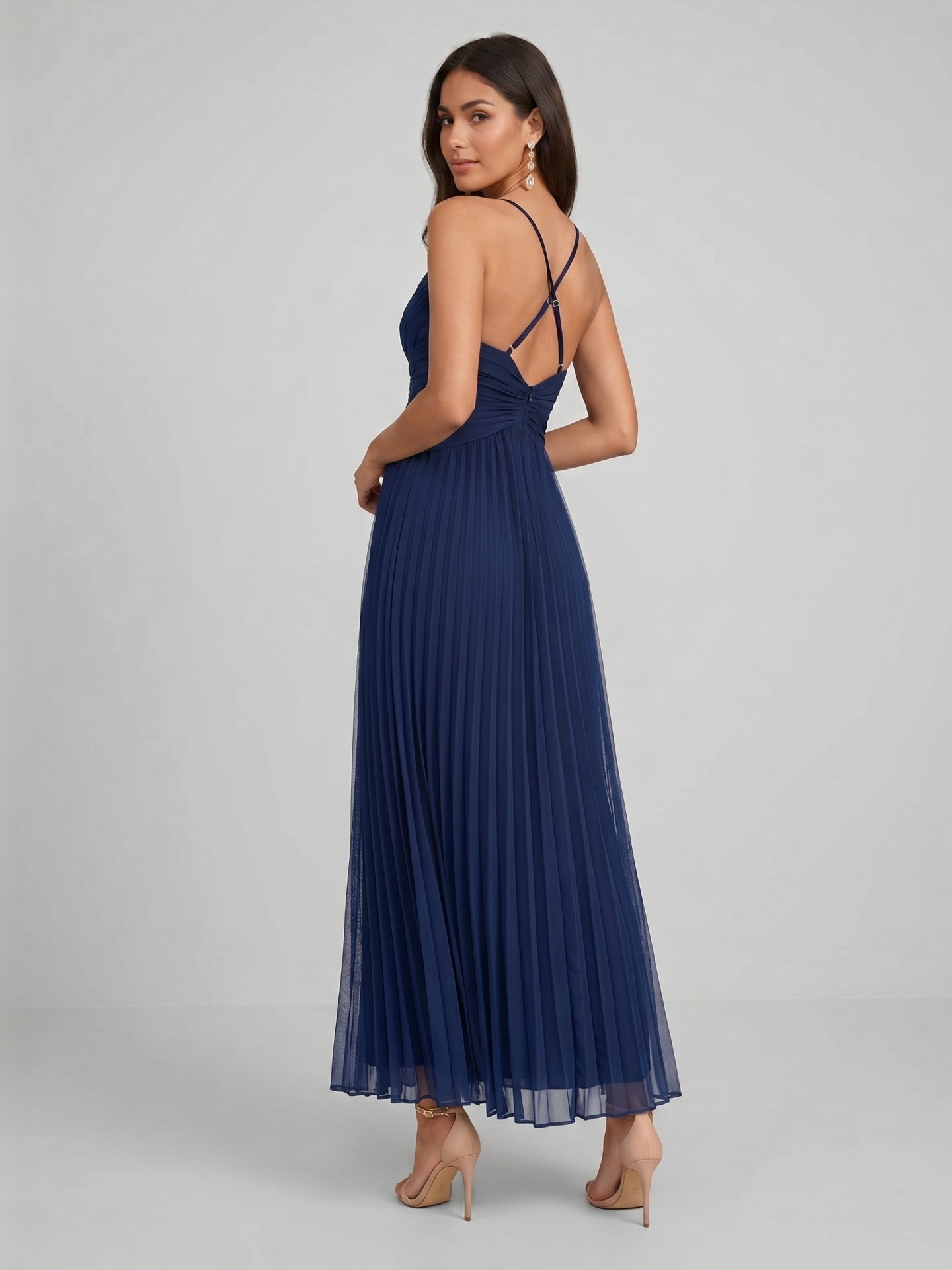 Elegant Navy Blue Tulle A-Line Sweetheart Backless Ankle-Length with Pleated Bridesmaid Dress