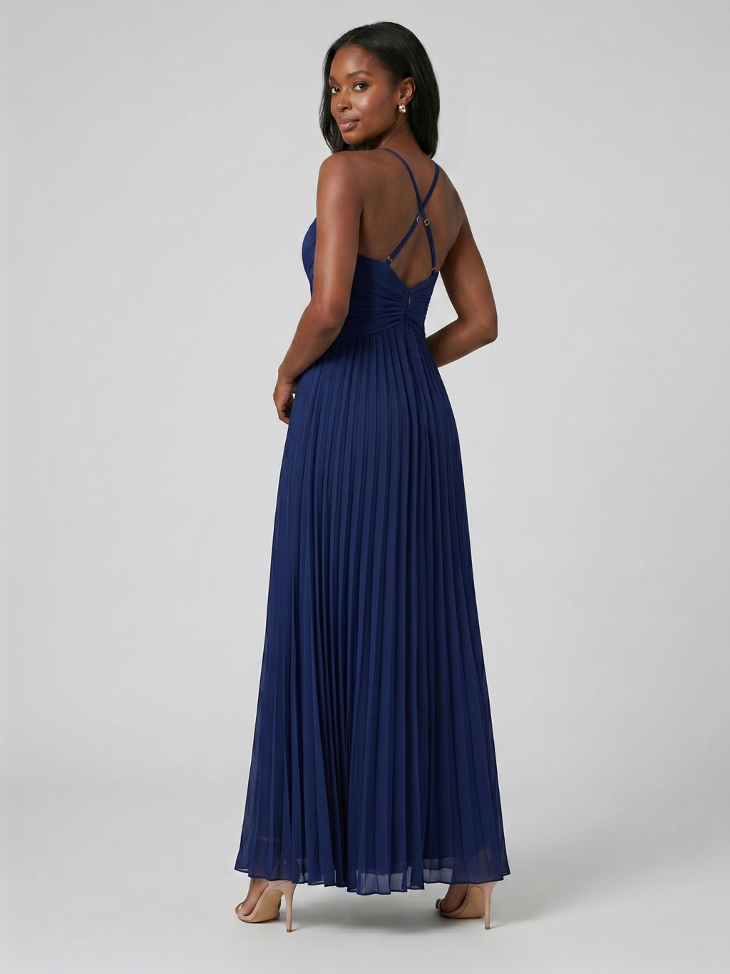 Elegant Navy Blue Tulle A-Line Sweetheart Backless Ankle-Length with Pleated Bridesmaid Dress