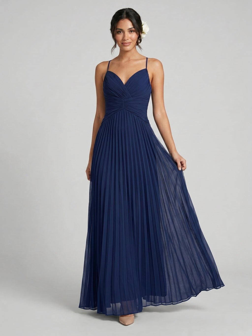 Elegant Navy Blue Tulle A-Line Sweetheart Backless Ankle-Length with Pleated Bridesmaid Dress