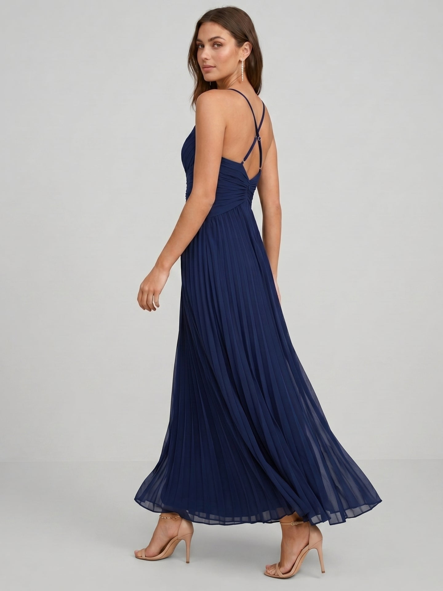 Elegant Navy Blue Tulle A-Line Sweetheart Backless Ankle-Length with Pleated Bridesmaid Dress