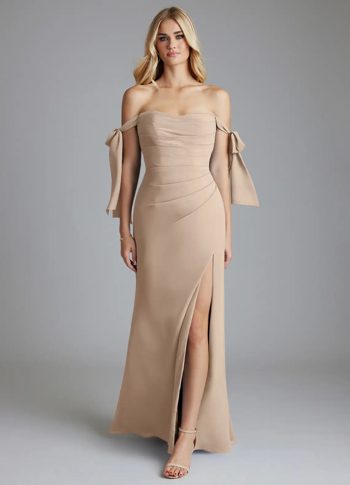 Elegant Off-the-Shoulder Bridesmaid Dresses with Bow Tie Accents, Ruched Bodice, Daring High Slit and Form-Fitting Maxi Silhouette Formal Gown