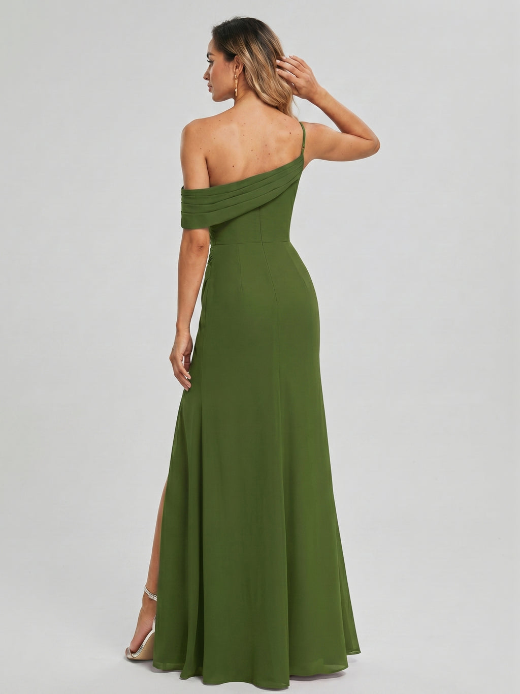 Elegant Olive Green Chiffon A-Line One Shoulder Backless with nan Ankle-Length Bridesmaid Dress