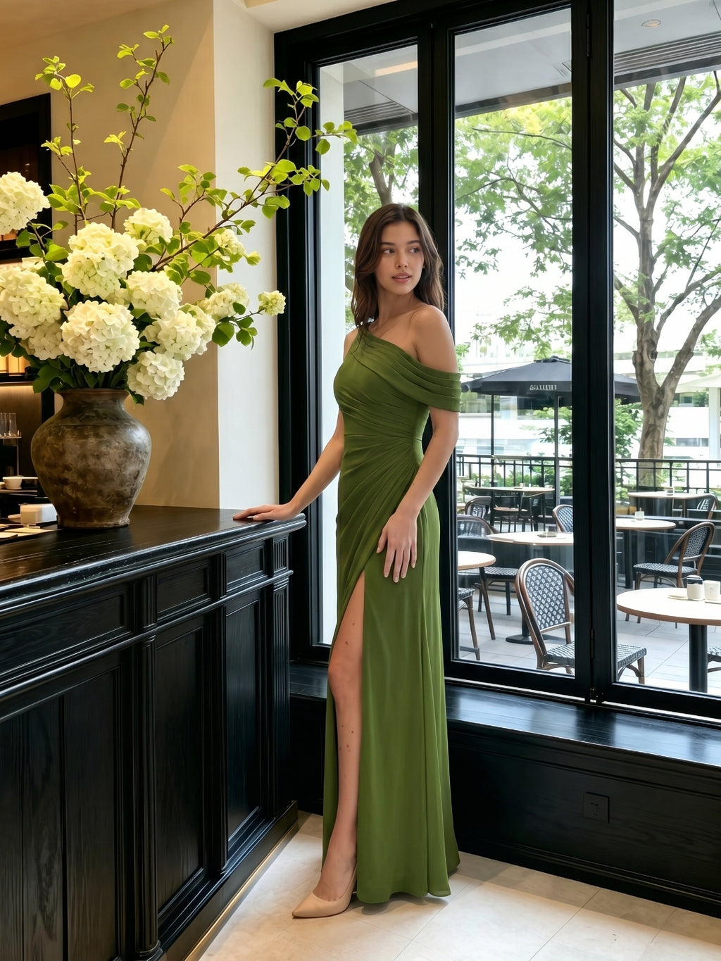 Elegant Olive Green Chiffon A-Line One Shoulder Backless with nan Ankle-Length Bridesmaid Dress
